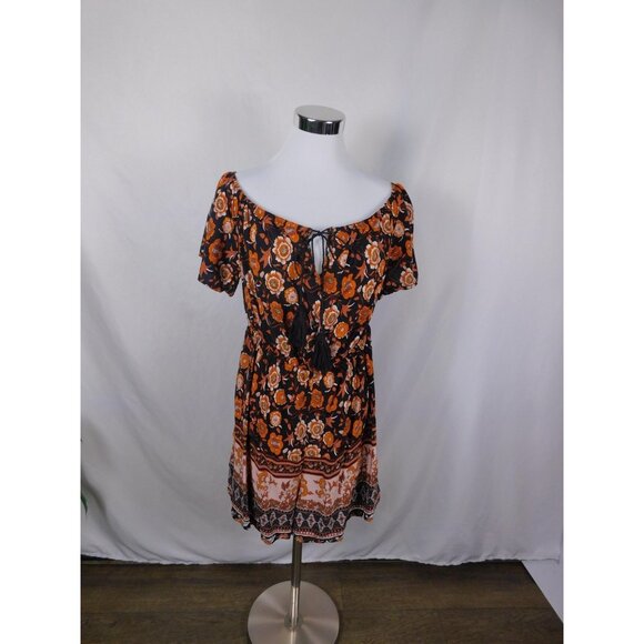 SHEIN Curve Dress Womens 1XL Black Orange Boho Floral Tassel Tie Short Sleeve - Picture 1 of 12